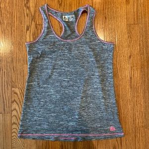 gray tank top with pink stitching